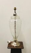 An etched glass and chrome lamp base 53cm tall