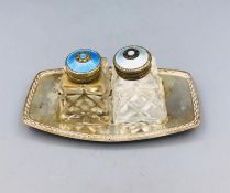 A Pair of silver, enamel and cut glass salts, marked sterling, Norway