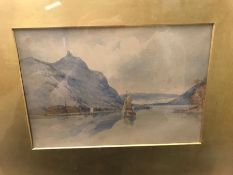 A watercolour of a sailing boat in a river scene, unattributed.