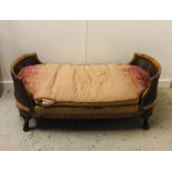 A Burr Walnut caned Bergere Day Bed with carved scrolled hoof feet. 159cm L x 74cm D