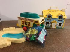 Fisher Price 1970's House, camper van and swimming pool with associated items people etc.
