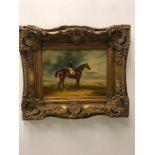 An oil on board of a racehorse and jockey in an ornate frame.