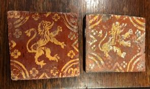 Two 17th Century, or possibly 16th Century earthenware tiles featuring lions.