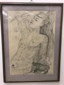 A Large framed Linda Sutton pencil work (B 1947 -)