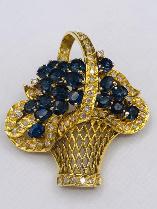 18ct yellow gold sapphire and diamond basket brooch.