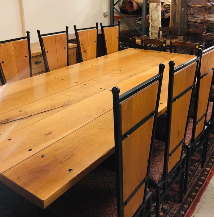 A Large Dining Table consisting of five large plank.s on a steel base with ten dining chairs. - Image 3 of 5