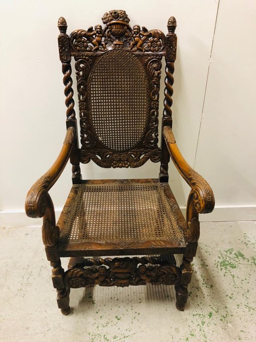 A Large carved oak chair with lattice seat and back. - Image 5 of 6