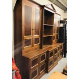 A large Walnut veneered display unit with display cabinets, storage, filing drawers H 266cm x W