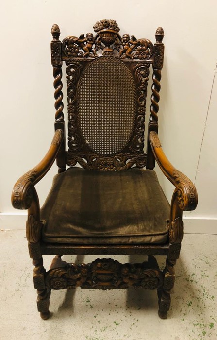 A Large carved oak chair with lattice seat and back. - Image 6 of 6