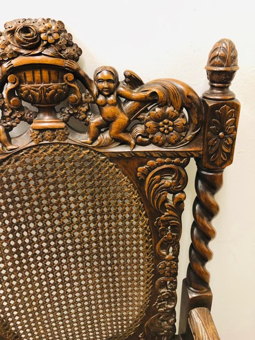 A Large carved oak chair with lattice seat and back. - Image 3 of 6