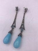 A pair of silver marcasite and turquoise art deco style drop earrings