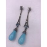 A pair of silver marcasite and turquoise art deco style drop earrings