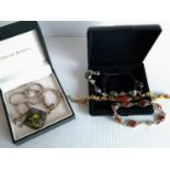 Three silver bracelets with amber and one silver mounted necklace with hardstone pendant (4)