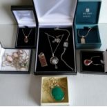 A collection of seven silver necklaces with various pendants, a silver bracelet and a single pendant