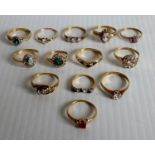 A selection of thirteen 9ct gold rings with various gemstones, 22.31g