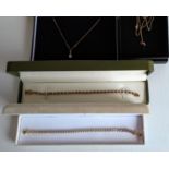 Two silver gilt bracelets set with small diamonds together with two 9ct gold necklaces with