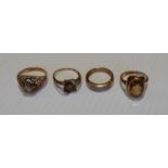 A selection of four 9ct yellow gold mid-20th century rings, sizes O, N, L, O 12.77g