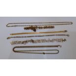Four 9ct yellow gold bracelets and two neck chains, all hallmarked, 26.64g (6)