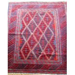 A hand-knotted Afghan tribal Kazak burgundy-ground wool rug with lozenge shapes to centre, double