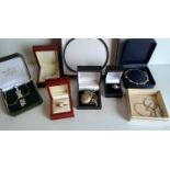 A collection of silver mounted jewellery set with mother-of-pearl, etc, comprising: necklaces x 4,