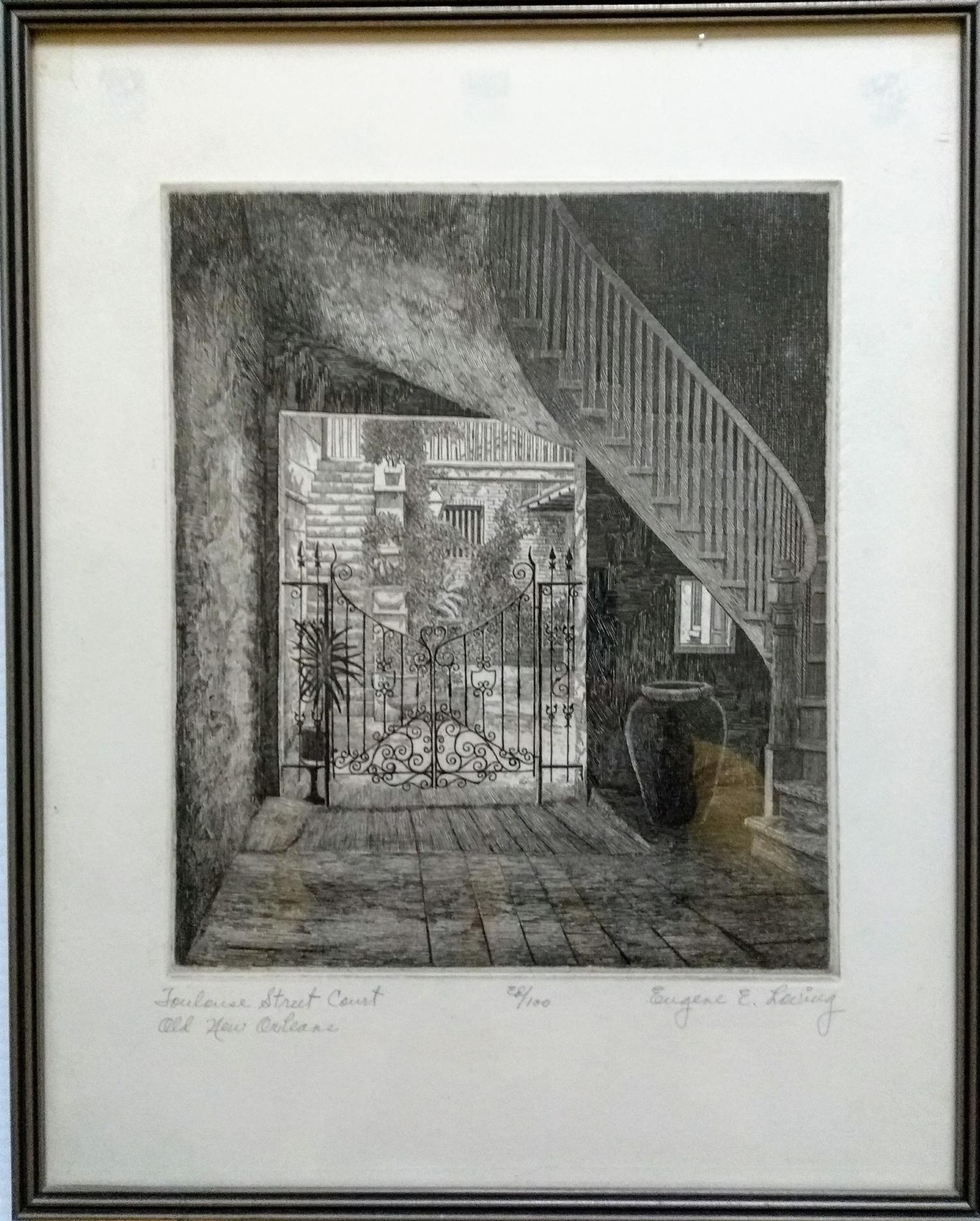 Eugene E. Loving, TOULOUSE STREET COURT, OLD NEW ORLEANS, etching 28/100, framed and mounted, 20 x