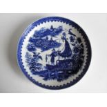 Two 18th century Worcester blue and white porcelain saucer dishes - "The Fisherman and Cormorant"