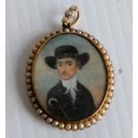 A 19th century miniature oval portrait of a gentleman in a 9ct yellow gold locket frame and seed