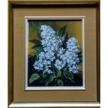 Pamela Davis RMS SWA, WHITE HYACINTHS, oil on board, framed and mounted, signed bottom right,