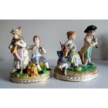 Two early 20th century group Dresden figurines, 12 cm H, two single figurines of a lady and gent,