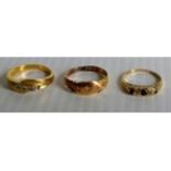 Three 18ct yellow gold rings, as found, mixed sizes, hallmarked, 7.41g