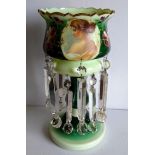 A large 19th century Bohemian green-glass lustre vase with gilt castellated rim, hand-painted floral