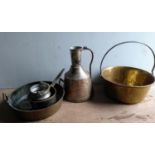 An assortment of 19th century brass and copper ware to include a preserve pan