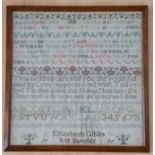 A Georgian sampler by Elizabeth Gibbs, 1799 in wooden frame, 33 X 32cm, 'SEEK TO BE GOOD BUT AIM NOT