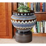 A large Doulton Lambeth planter or jardiniere with horizontal stripe decoration, 40 x 38 cm