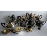 A quantity of silver plated tea pots, water jugs, coffee pots, etc