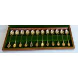 A cased set of twelve silver Royal Horticultural Society Flower Spoons with embossed gold finials,