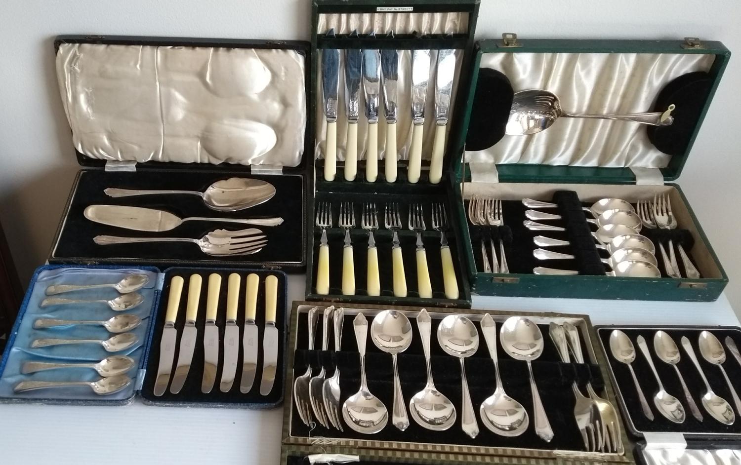 A miscellany of cased silver plated cutlery, boxes in poor condition (6)