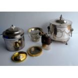 An assortment of silver plate to include a hip flask, pierced basket, Adam-style oval biscuit box