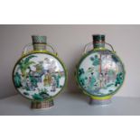 A pair of yellow-ground Chinese polychrome moon flasks with allegorical scenes and six-character