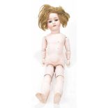 A German bisque headed doll With auburn wig, open/shut brown eyes, brown eyes, open mouth,