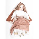 A German bisque shoulder doll With auburn wig, fixed brown eyes,