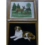 Two framed unusual plush tapestry pictures, one of a St Bernard dog,