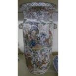 A Japanese satsuma cylindrical vase, decorated with various mystical figures on mountain landscape.