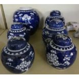 A collection of six Chinese blue and white ginger jars decorated with prunus blossom