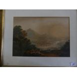 A framed watercolour study of figures on a hillside with distant harbour, probably Continental.