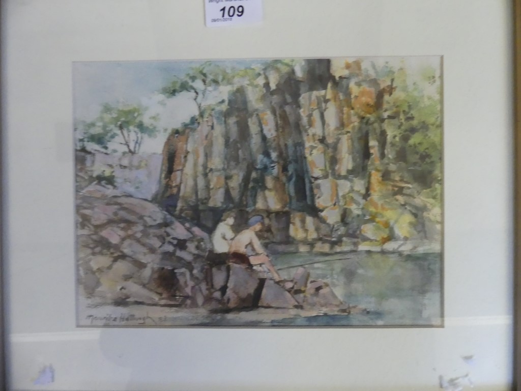 Mauritz Hattingh, watercolour study of figures fishing off rocks, signed and dated 83.