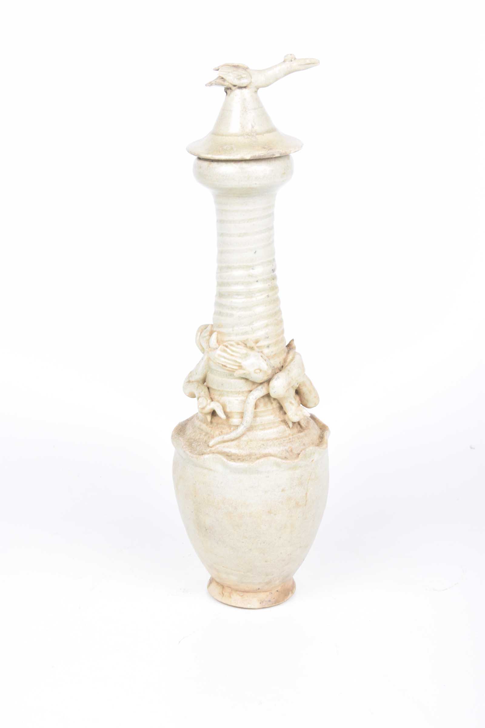 A Chinese funerary vase The grey/white glazed jar with ribbed central stem,