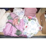 A collection of various vintage bed linens To include printed floral cotton, valance, bed cover,
