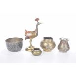 A collection of Indian Bidri style metal wares To include a standing peacock model,