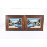 A pair of Japanese diorama style pictures, early 20th Century The first scene of houses by a river,